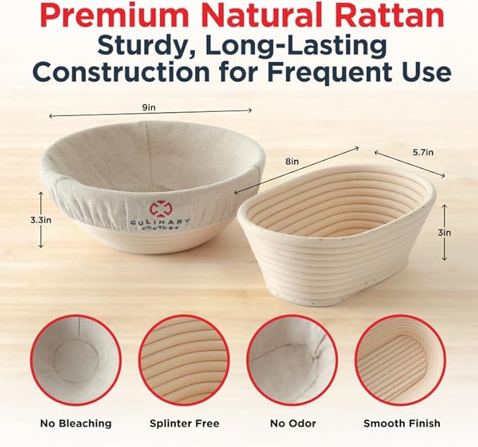 Bread Proofing Basket Set of 2 - Round 9" & Oval 8" Sourdough Bread Baking Supplies w/Linen Liner, Scrapers, Scoring Lame, Whisk, Blades Banneton Proofing Baskets - Sourdough Starter Kit for Beginners