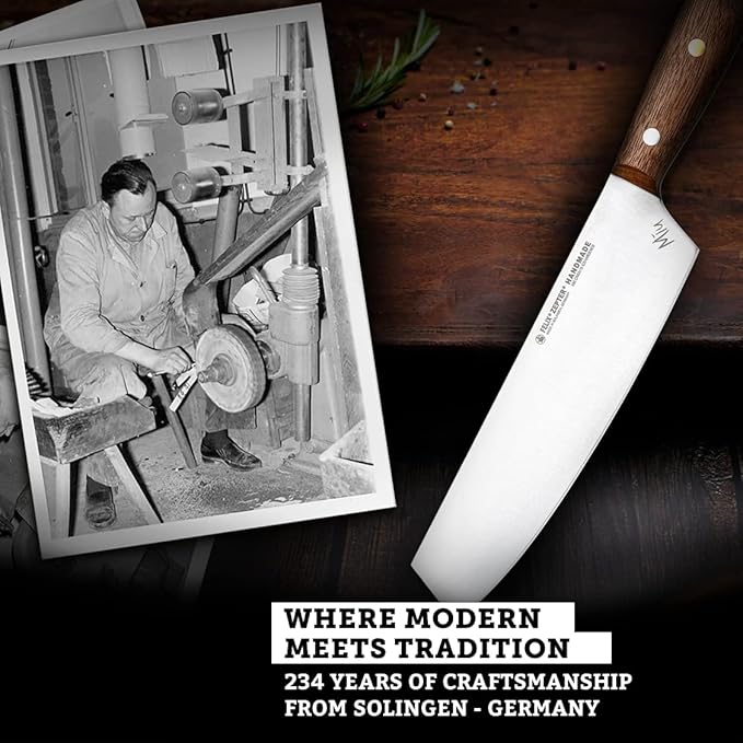 Zepter Felix MIU Chef Knife, 8in long global kitchen knife. Butcher knife for meat cutting, vegetable&bread slicing. Chef's walnut handle, sharp carbon steel, handmade Germany cooking tools est. 1790
