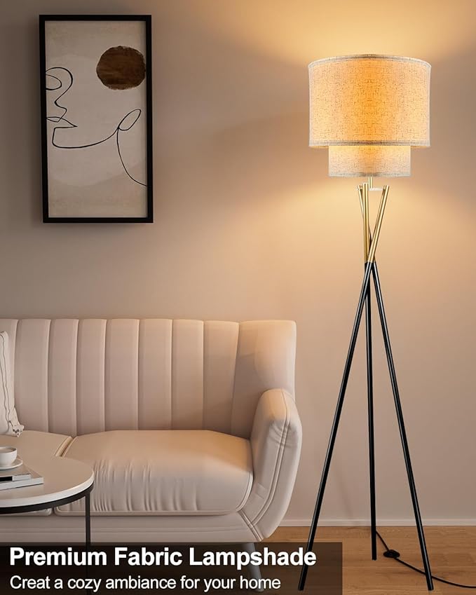 Lightdot Gold Tripod Floor Lamp, Modern Floor Lamp for Living Room, Standing Lamp with Linen Shade, E26 Bulb Included, 66" Tall Floor Lamps for Bedroom, Home Office