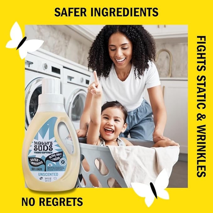 Molly’s Suds Fabric Softener Liquid for Sensitive Skin | Vinegar-Powered, Infused with Essential Oils | Fights Static, Reduces Wrinkles, Deodorizes | Unscented, 50 Loads