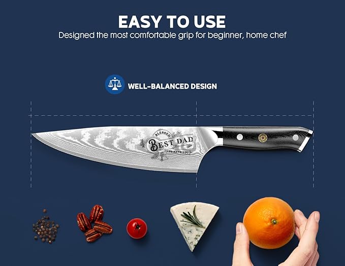 Men Gifts: Damacus Chef Knife - Gifts for Dad, Birthday Gift from Daughter Son Kids, Full Tang G10 Handle, Christmas, Thanksgiving Best Dad Ever