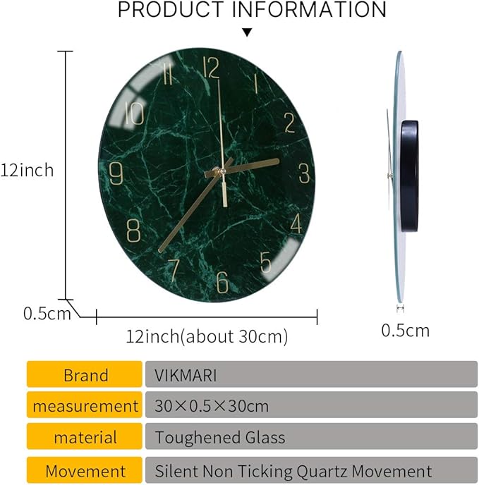 VIKMARI Glass Wall Clock Silent Non Ticking Wall Clock- 12 Inch Quality Quartz Battery Operated Round Easy to Read Home/Office/Classroom/School Clock (Dark Green)