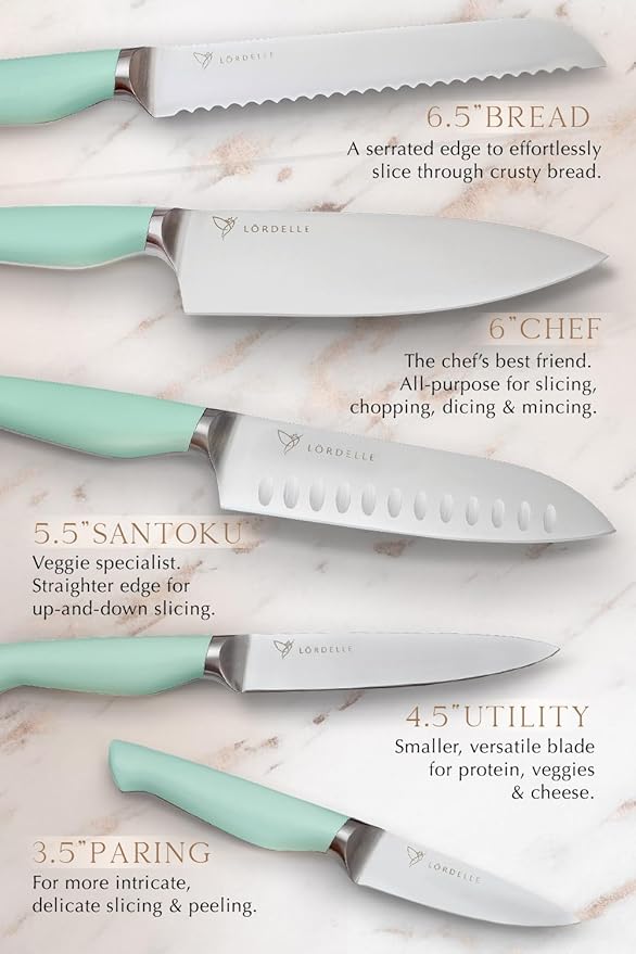 Lordelle Knife Block Set - 5 Piece Set - Coastal Green - Lifestyle Home Kitchen Design - German X50 Stainless Steel - ABS Handle - Ash Wood Block - Cooking Chef Knife, Santoku, Paring, Utility