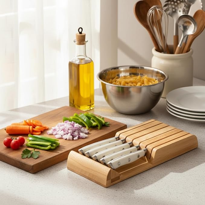 Alata 6-Piece White Steak Knives Set with Block, Stainless Steel Steak Knife set with Serrated Edge, Razor-Sharp, Full-Tang Construction, Dishwasher Safe