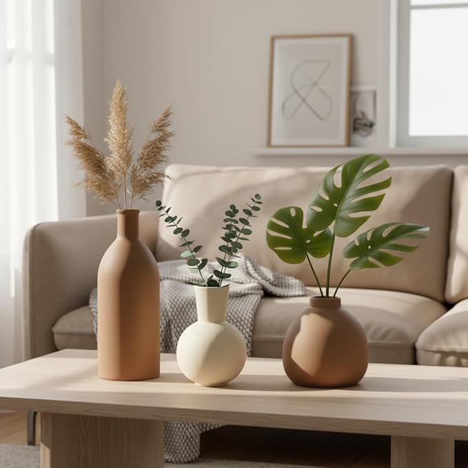 Ceramic Vase Set of 3, Modern Minimalist Farmhouse Style Home Decor Vases, Ideal for Pampas Grass & Dried Flowers, Perfect for Kitchen, Bedroom, Living Room & Dining Table Centerpiece(Brown)