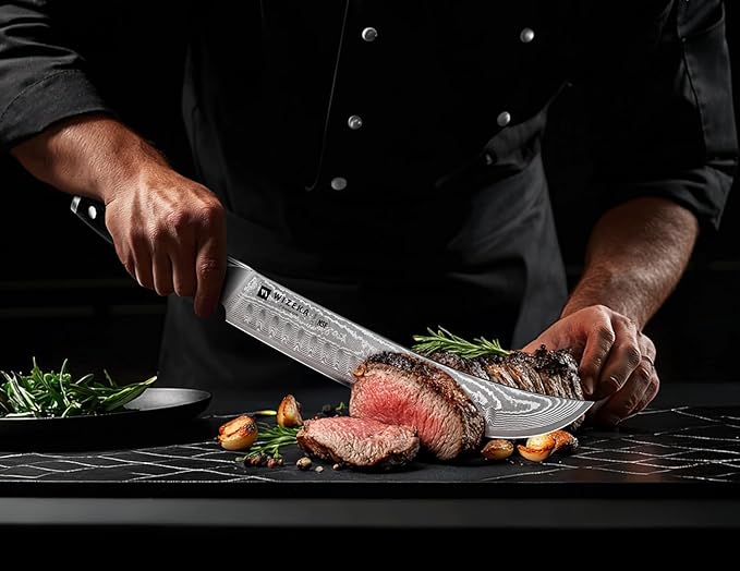 WIZEKA Carving Knife-10 Real Damascus Breaking Knife,Razor Sharp Butcher knife Curved Scimitar Brisket Knife for Meating Cutting with G10 Handle