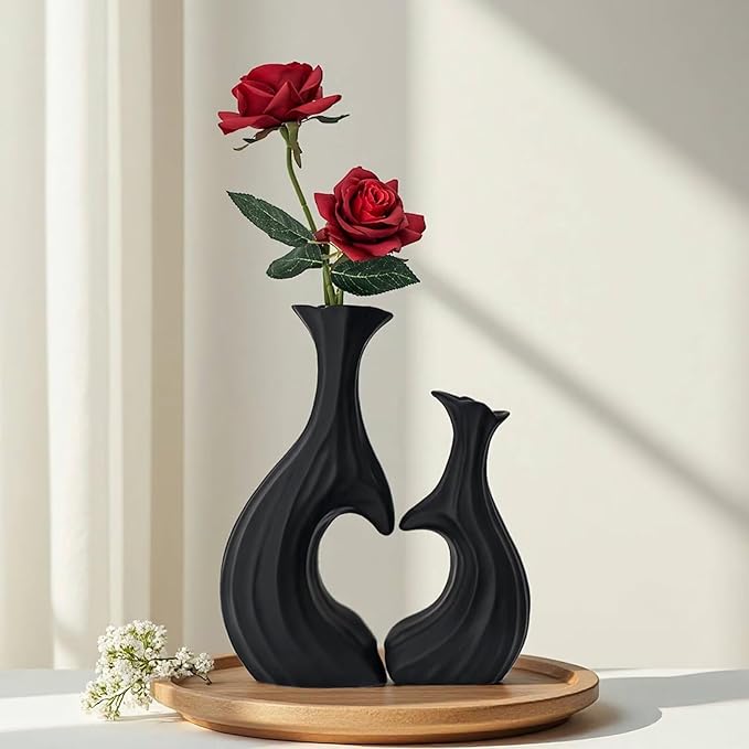 Ceramic Vases for Home Decor, Modern Heart Shaped Vase Set of 2, Matte Farmhouse Dried Fake Flowers Vase for Office, Living, Dining Room, Kitchen
