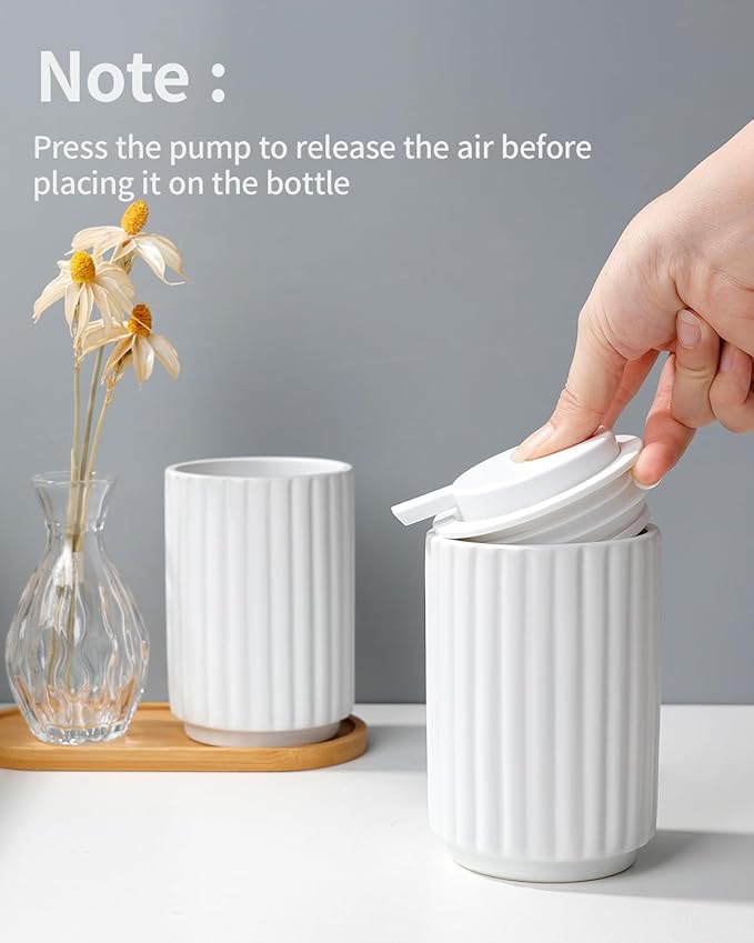 Foaming Soap Dispenser, White Ceramic Refillable Foam Hand Soap Pump for Bathroom Kitchen, 10.5OZ Lotion Dispenser, Foaming Dish Soap Dispenser, Modern Stripe Design, ANTIS'S HOME