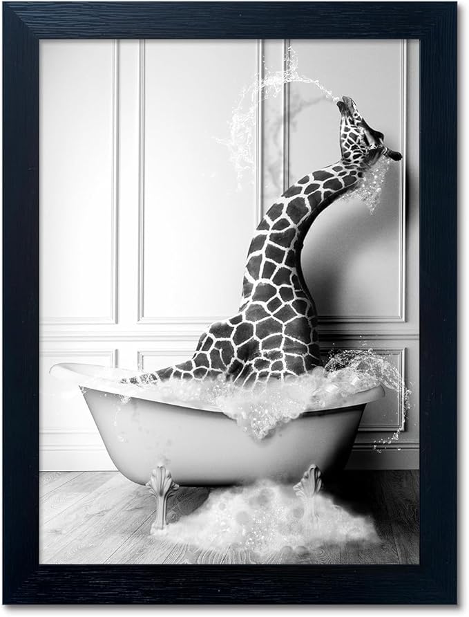 Framed Animal Bathroom Wall Art Black and White Canvas Wall Art Funny Giraffe in Bathtub Print Farmhouse Painting Kids Bathroom Decor