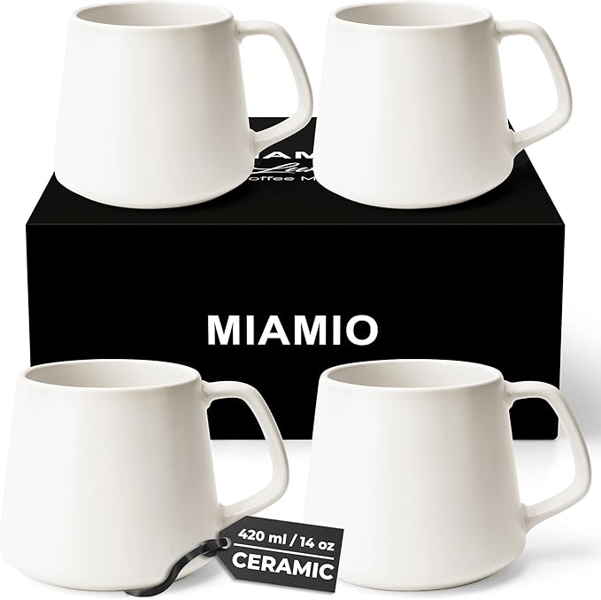 MIAMIO - Coffee Mugs Set of 4 / Large Ceramic Coffee Cups (14 oz) - Mug for Cappuccino, Tea, Espresso - Microwave and Dishwasher Safe - Luxe Collection (White Series)