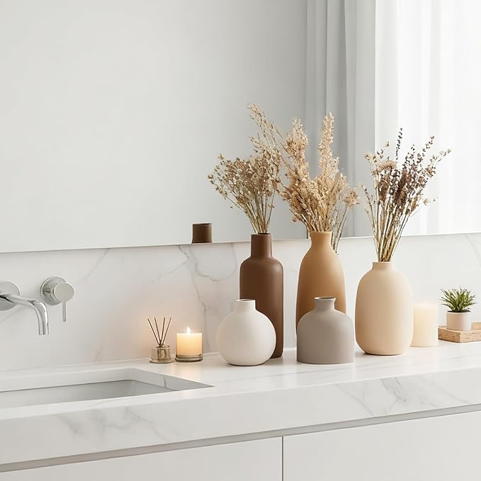 CUCUMI Ceramic Vase Set of 5, Vases Home Decor Rustic Farmhouse Decorative Vase Pottery Vases for Bouquet Pampas Grass Dried Fresh Flowers, Table Living Room Kitchen Bedroom Bathroom
