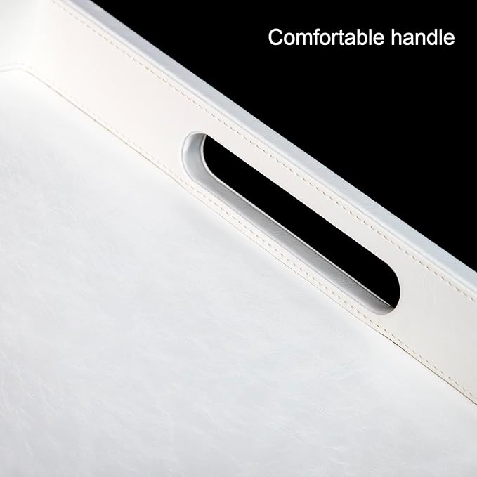 35 * 35 inches Leather Rectangle Serving Tray with Hole Handles,High-End Light Large Service Tray for Ottoman Tray, Tea, Food, Butler - Countertop, Kitchen,Family Dinner, Picnic(White)