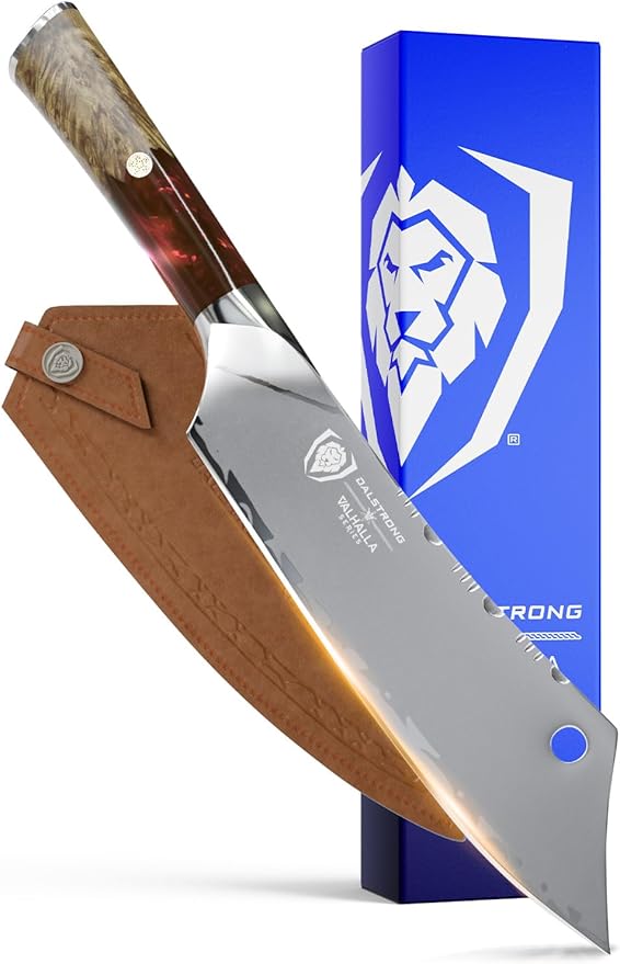 Dalstrong Chef & Cleaver Hybrid Knife - The 'Crixus' - 8 inch - Valhalla Series - 9CR18MOV HC Steel - Red Resin & Wood Handle - Razor Sharp Chef's Knife - w/Leather Sheath