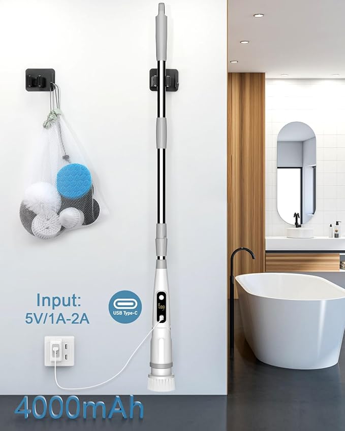 IEZFIX Electric Spin Scrubber, Bathroom Power Shower Scrubber Cleaning Brush for Tub/Tile/Floor/Toilet/Kitchen, 8 Cleaner Scrub Brush Heads, 3 Speeds 450RPM Max, Telescopic Rod Gray