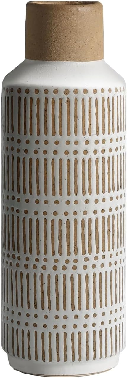 Rustic Ceramic Vase for Living Room Bedroom 11.02'' Farmhouse White Flower Vases for Bouquet Fake Plant Home Decor Office Table Shelf Fireplace Centerpieces Retro Vintage Classic Modern