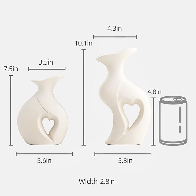 XL Pearl White Vases for Decor,Nordic Heart Shaped Ceramic Vase Set of 2,Modern Vase for Table Centerpiece Dining Living Room Office Coffee Table Wedding House Decoration
