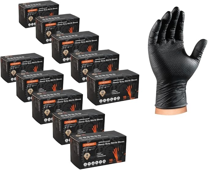 10 Mil Nitrile Disposable Gloves Heavy Duty Mechanic Gloves Raised Diamond Texture Thick (Black of 1000, X-Large)