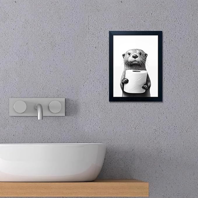 Bathroom Picture Wall Decor, Framed Black and White Bathroom Wall Art, Toilet Paper in Little Funny Raccoon's Hand Animal Canvas Print Painting