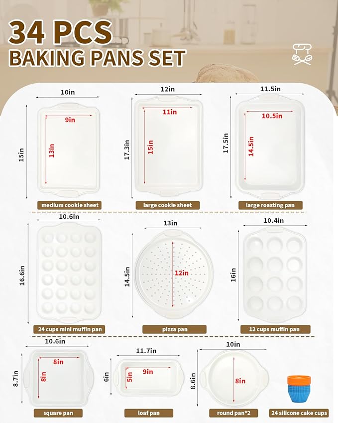 Baking Pans Set with Silicone Handles, 34 PCS Nonstick Bakeware Sets, Oven Pan Set Includes Baking Tray, Cookie Sheet, Cake Pans, Loaf Pan, Muffin Pan, Pizza Pan