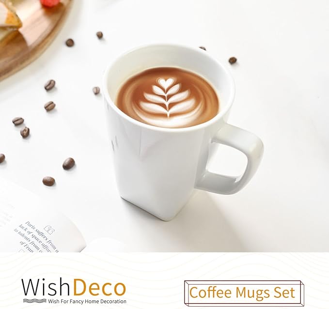White Coffee Mugs Set of 6, Ceramic Coffee Cups 14 oz, Modern Tea Mugs, Porcelain Tea Cups, Large Mug for Latte, Cappuccino, Milk, Juice, Cocoa, Square Bottom, Microwave and Dishwasher Safe