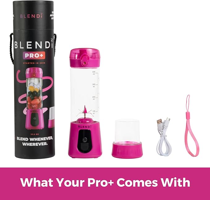 BLENDi Pro+ Portable Blender (New 2025 Model, 17.5oz, Hot Pink) – Upgraded Ice Crushing 120W Motor, USB-C Rechargeable, Cordless Personal Blender Smoothies & Shakes – BPA-Free, Travel-Friendly