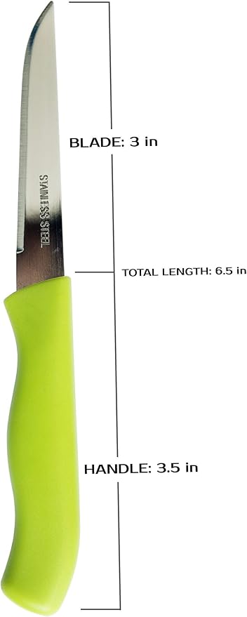 Paring and Garnishing Knife, 12-Piece Set, Knives with Straight Edge 3 Inch Blade, Stainless Steel, Spear Point, Fruit and Vegetable Cutting and Peeling, Green