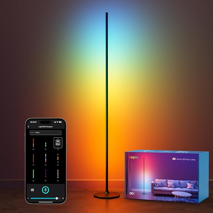 Lepro OE1 AI Floor Lamps for Living Room, Smart LED Corner Lamp with RGBW Color Changing, Alexa Compatible, AI Generated 4.0, Music Sync, Modern Standing Lights for Bedroom, No Remote, 2.4G WiFi Only