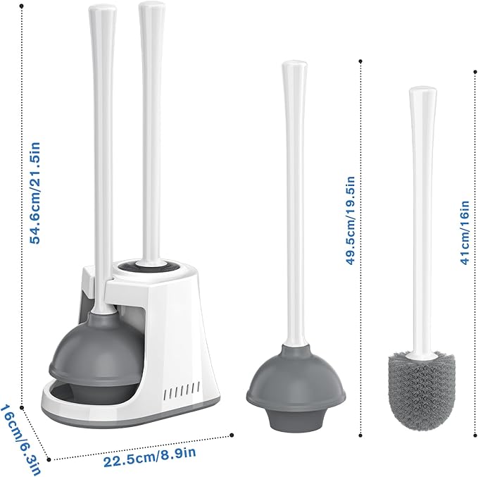 Toilet Plunger and Brush, Bowl Brush and Heavy Duty Toilet Plunger Set with Ventilated Holder, 2-in-1 Toilet Brush and Plunger Combo for Bathroom Cleaning(2 Pack, White)