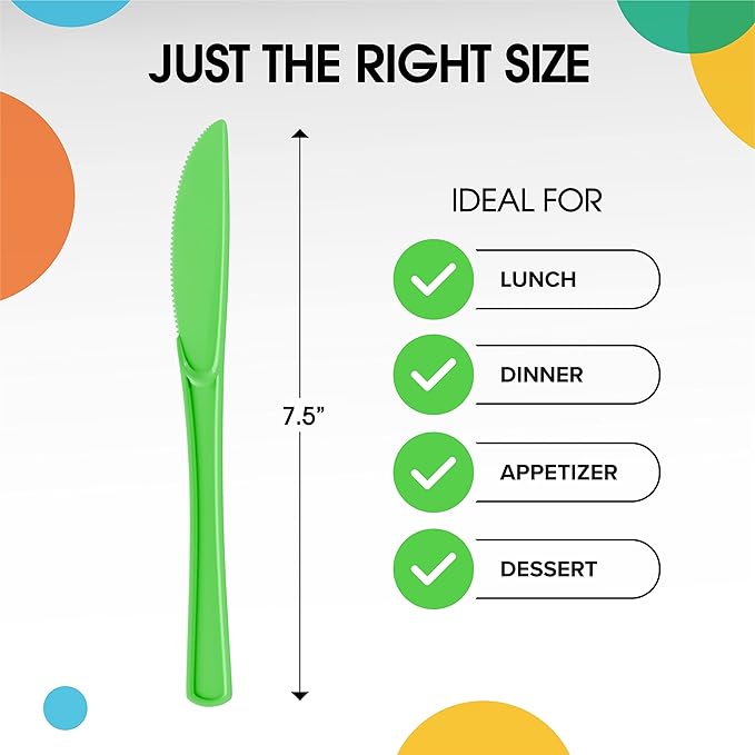 Party Solids Lime Green Plastic Knives 200 Pcs Lime Green Knives Disposable Utensils Heavy Duty Plastic Cutlery Disposable Cutlery Sets Flatware Sets Silverware Set Party Supplies & Party Tableware