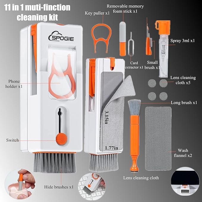 11-in-1 Keyboard Cleaning Kit, Laptop Cleaning Kit Keyboard Brush Cleaner Electronics Cleaner for Cell Phone/Earbuds/Camera Lens/Computer with Multifunctional Cleaning Tool (Orange)