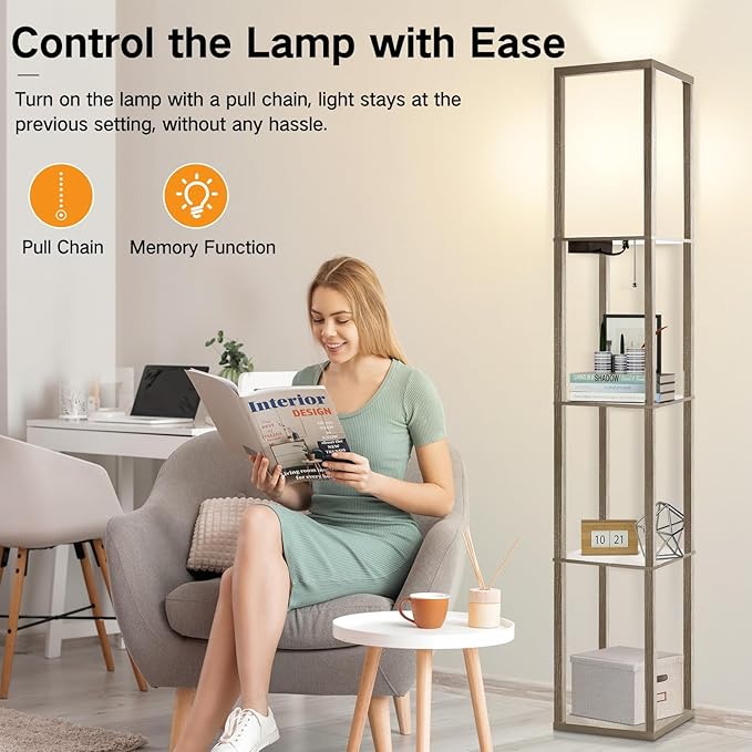 OUTON Floor Lamp with Shelves, LED Shelf Floor Lamp with 1 USB & 1 Type C Ports, 1 AC Outlet, 3 Color Temperature, Storage Display Wood Column Tall Standing Lamp for Living Room, Bedroom Office, Grey