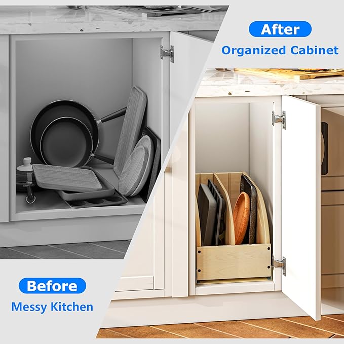 WelFurGeer Birchwood Pot and Pan Organizer with Soft-Close Drawer, Pull Out Cabinet Organizer, Heavy-Duty Slide-Out Storage for Baking Sheets, Cutting Boards, and Kitchen Utensils