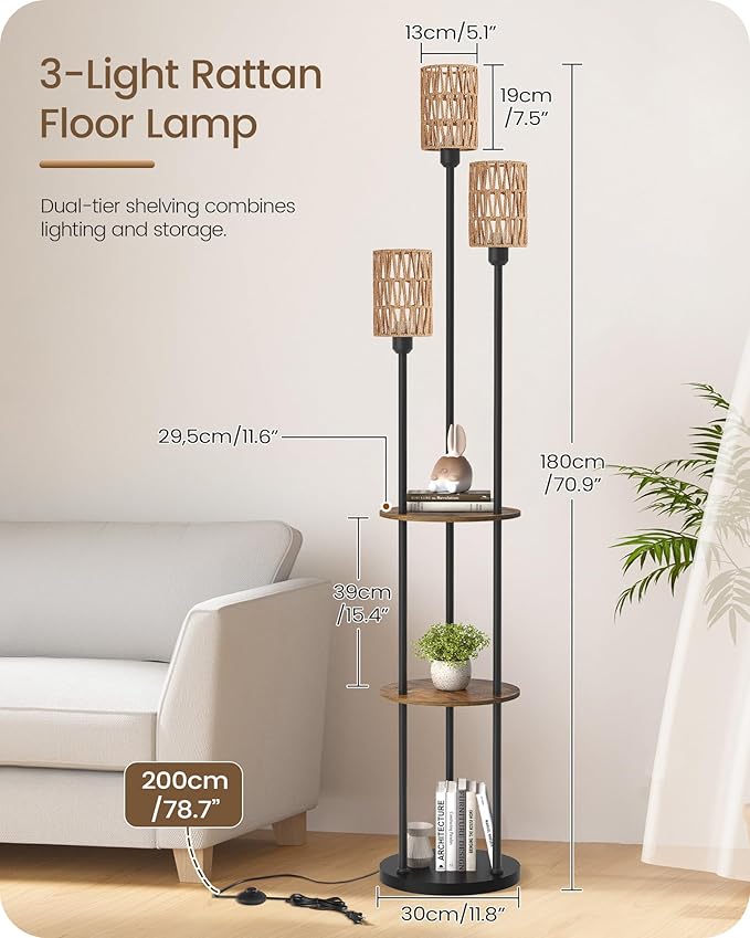 Floor Lamp with Shelves, Boho Floor Lamp with Foot Switch, 3-Light Standing Lamp, for Living Room, Bedroom, Study, Rustic Brown and Yellow YF53LD05 