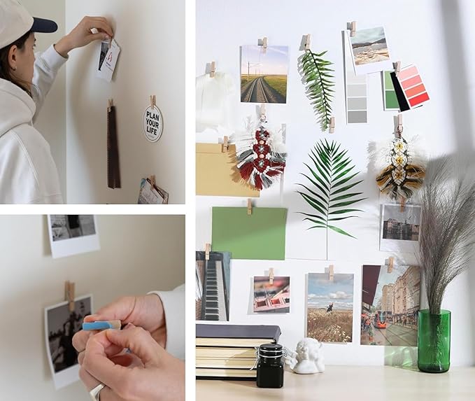 100 Pack Mini Self Adhesive Clips for Pictures - Wood Clip Photo Holders for Wall, Photo Cards Hanging Display Board & Picture Boards, Artwork Photos Holders Hangers Room Decor (Light Wood 100pack)