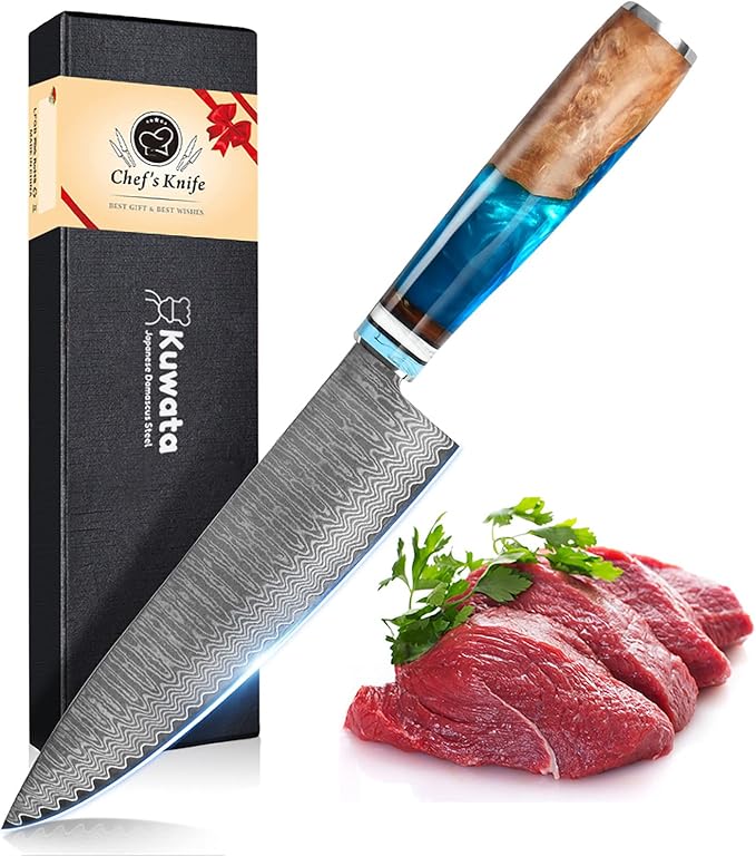 Kuwata Chef Knife, Professional Japanese VG10 Damascus Steel Kitchen Chefs Knife 8 Inch, Razor Sharp Professional Meat Cutting Knife with Gift Box for Family, Restaurant