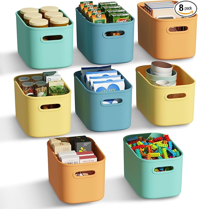 8 Pack Colorful Storage Bins for Shelves, Plastic Storage Containers for Organizing, Stackable Storage Boxes with Handle, Colored Storage Bins for Classroom, Craft, Snacks, Cabinet, 9.7x6.7x5.7 inch