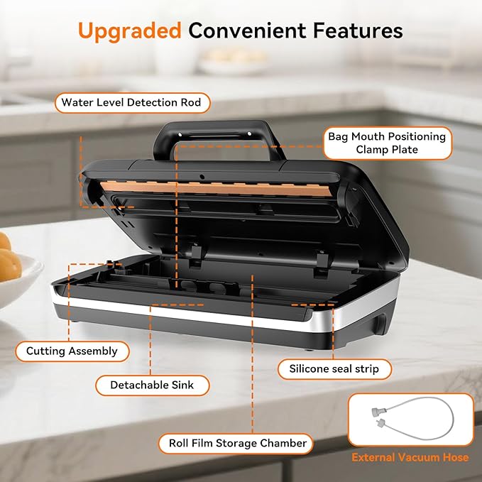 85Kpa Vacuum Sealer for Food, Full Automatic Vacuum Sealer Machine with Double Heat Seal, Easy-Lock Handle, Built-in Cutter, 1 Bag Rolls and 10 pcs Pre-cut Bags