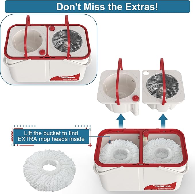 Spin Mop and Bucket,Mop Bucket with Separates Dirty and Clean Water,4-Chamber Mop and Bucket with Wringer Set for Home,Household Cleaning Tools with 6 Replacement Mop Heads,4X Wheel -White