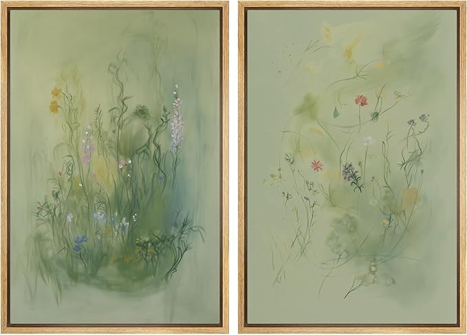 SIGNFORD Framed Canvas Print Wall Art Set Whimsical Green Wildflower Illustration Modern Art Decorative Nordic Nature for Living Room, Bedroom, Office - 24"x36"x2 Natural