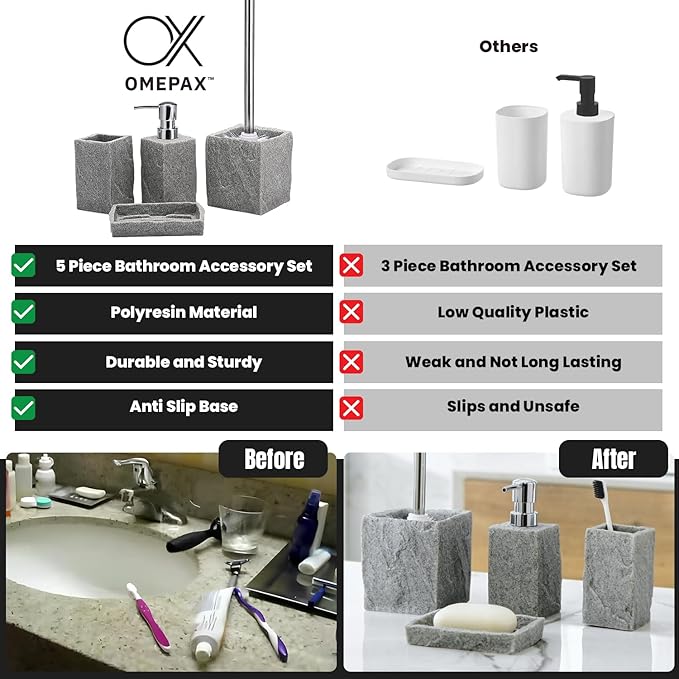Bathroom Accessories Set - Soap Dispenser, Toothbrush Holder, Soap Dish, Toilet Brush & Toilet Brush Holder - Grey Stone Bathroom Accessories Set - Modern Bathroom Organizer Set (Silver)