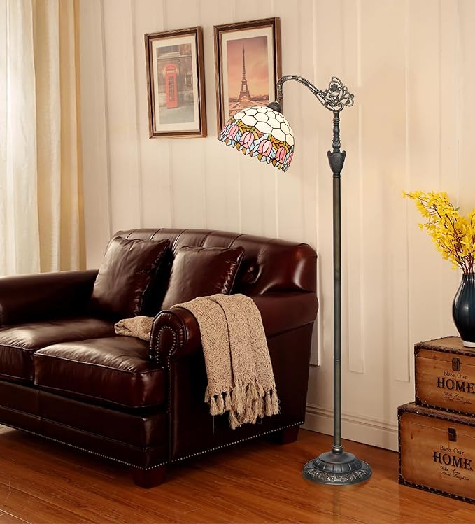 Tiffany Floor Lamp Pink Tulip Stained Glass Gooseneck Floor Light 63 inches Handcrafted Tiffany Style Standing Lamp with Angle Adjustable Lampshade for Reading Working Home Decoration