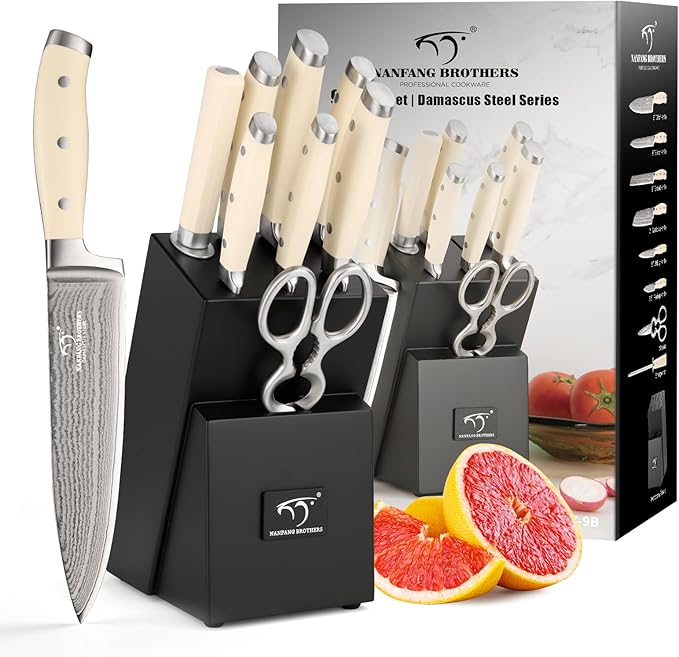 NANFANG BROTHERS Knife Set, 9 Pieces Damascus Kitchen Knife Set with Block, ABS Ergonomic Handle for Chef Knife Set, Knife Sharpener and Kitchen Shears, Knives for Chopping, Slicing & Cutting
