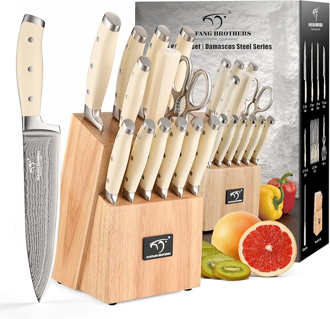 Knife Set, 14 Pieces Damascus Kitchen Knife Set with Block, ABS Ergonomic Handle for Chef Knife Set, Knife Sharpener and Kitchen Shears, Knife Block Set for Chopping, Slicing & Cutting