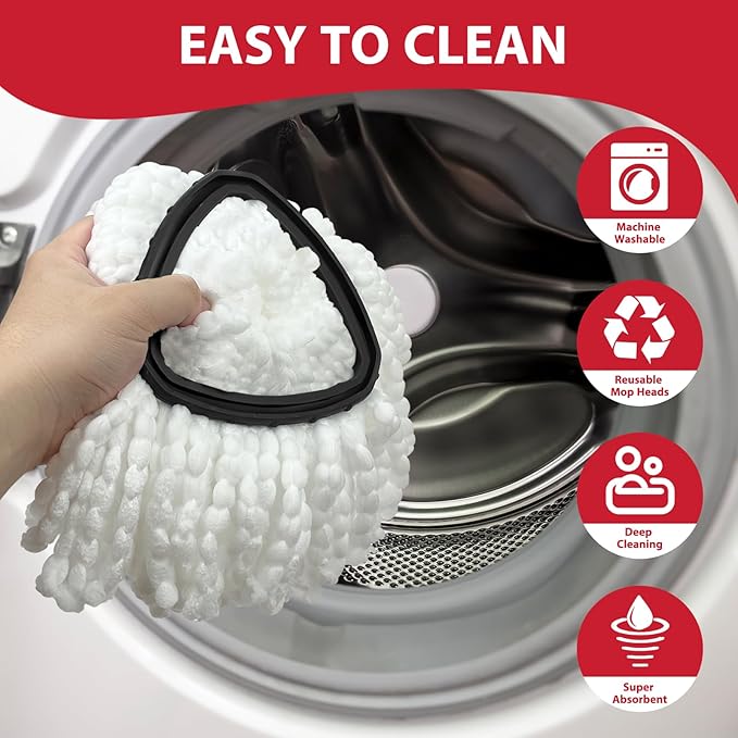 Spin Mop Replacement Set for O-Ceda EasyWring 1-Tank System, Includes 2 Mop Head Replacement, 1 Mop Handle (30-58in Adjustable 4-Section Pole), 1 Spin Mop Base