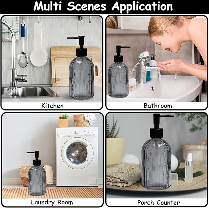 Gray Glass Soap Dispenser Set with Black Pump, 13.5oz Refillable Liquid Hand Soap Dispenser, Lotion Dish Soap Dispenser for Modern Home Decor, Bathroom, Kitchen Countertop, Hotel(2 Pack)