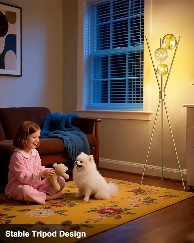 Lightdot Dimmable Tripod Floor Lamp Gold Art Deco Floor Lamp with Brown Globe Glass Lampshade 3Pcs Bulbs Included Tripod Standing Lamp for Living Room/Bedroom