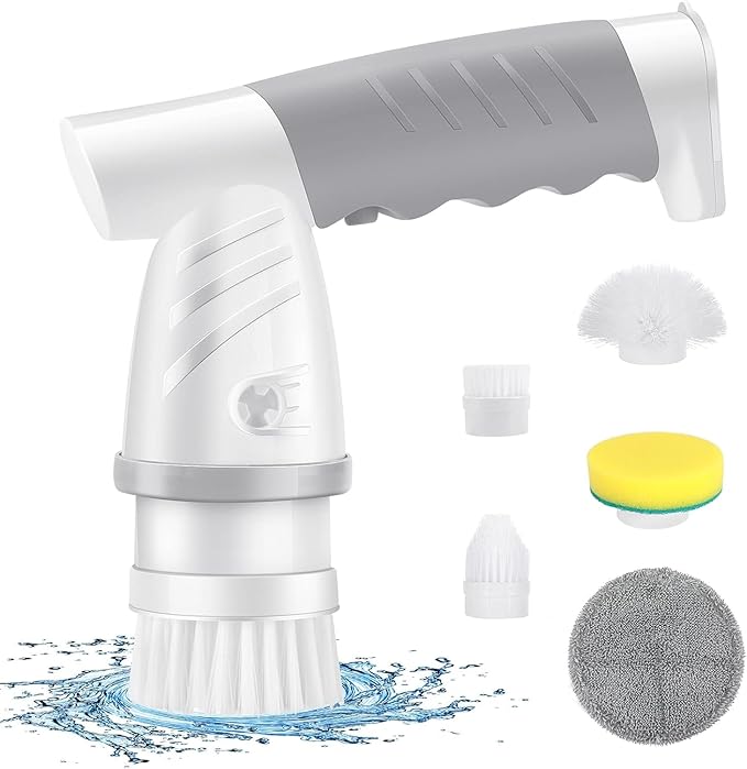 Electric Spin Scrubber, Shower Scrubber with Handle, Waterproof Portable Bathroom Cleaner Brush, Cordless Electric Cleaning Brush with 5 Replaceable Brush Heads for Floor Tile Tub Wall Window Kitchen