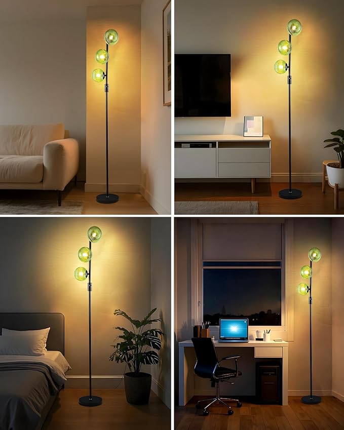 Lightdot Dimmable Floor Lamp for Living Room with 3 Green Glass Globe Shade, Black Pole Standing Lamps with 3000K G9 Bulbs, Mid Century Modern Floor Lamp for Living Room Bedroom Home Office