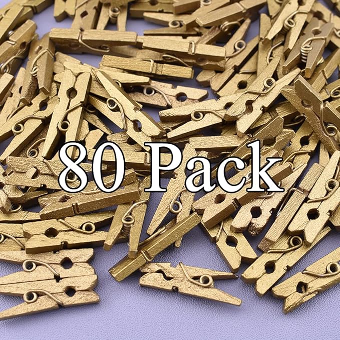 HAHIYO Gold Wooden Clothes Pins Clothespins Mini Do NOT Fall Apart 1 inches Length 80 Pack Sturdy Strong Springs No Rust No Discoloration for Laundry Bathroom DIY Craft Photos Food Opened Bags