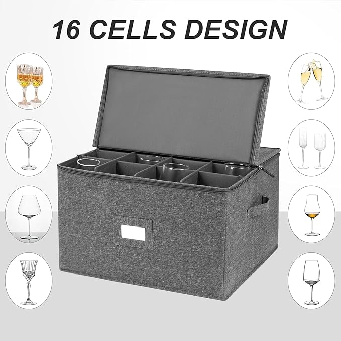 Stemware Storage Cases 2 Pack, Wine Glass Storage Box Containers with Dividers for Glassware or Crystal, Holds 16 Red or White Wine Glasses, Hard Top and Stackable (Grey)